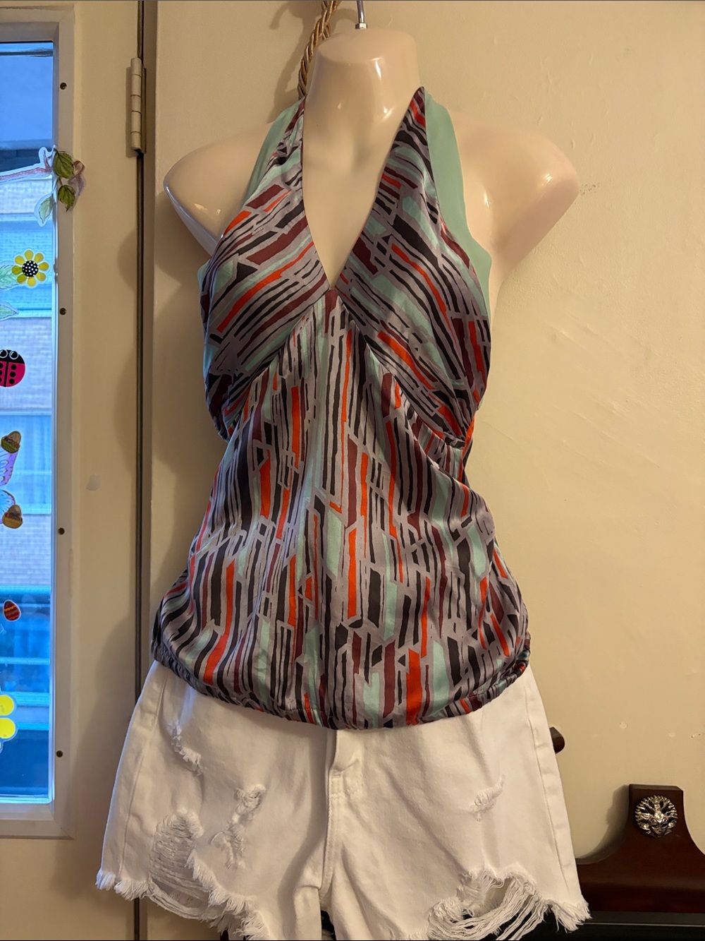 Marciano Halter Camisole in Mint, Coral & Gray Abstract Stripe. Silk